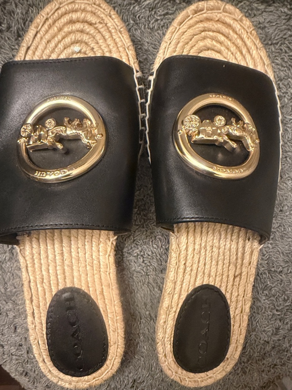 Coach Black Leather Slide Sandals with Gold Emblem